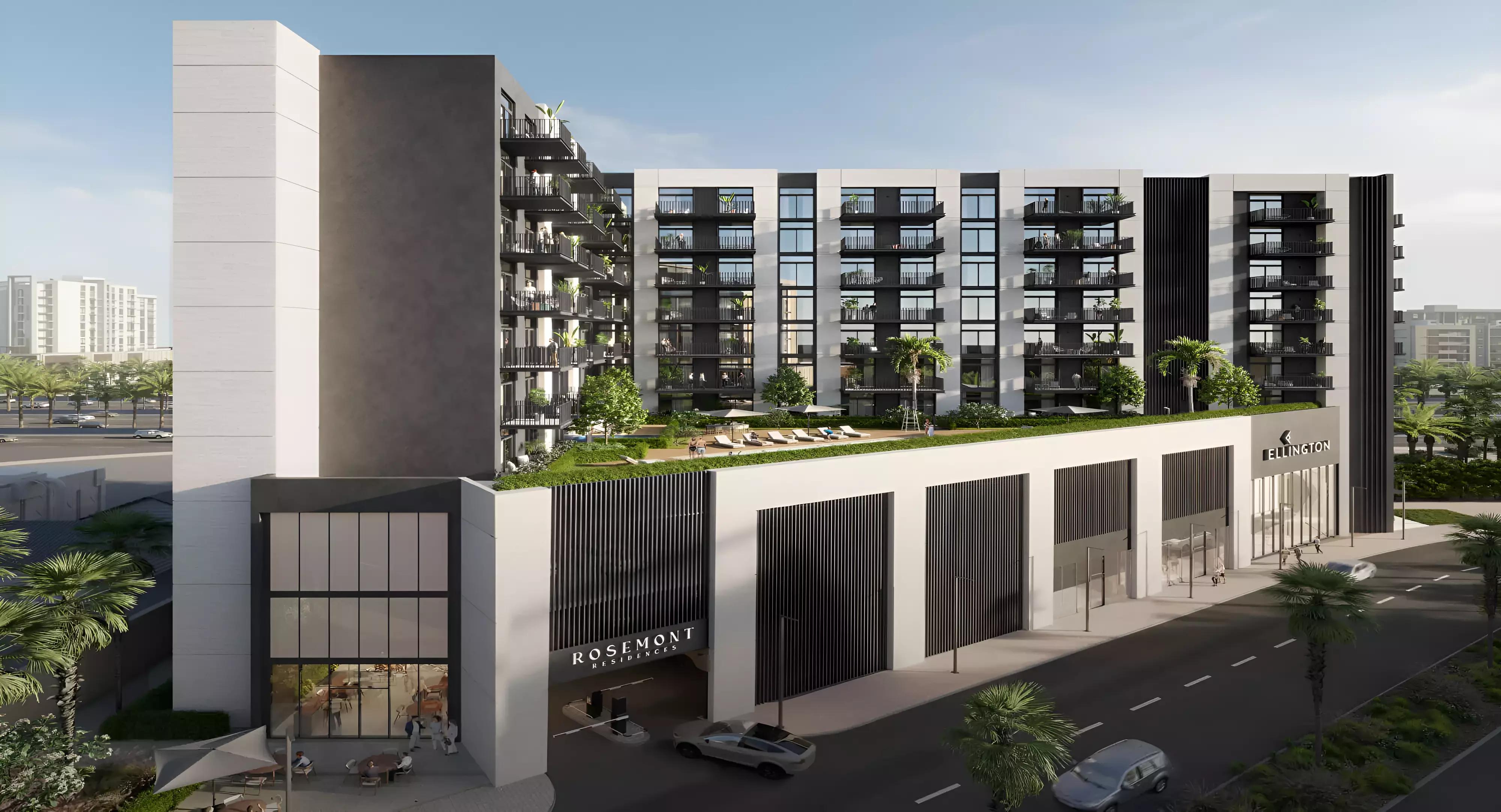 Rosemont Residences apartment building exterior in Jumeirah Village Triangle, Dubai