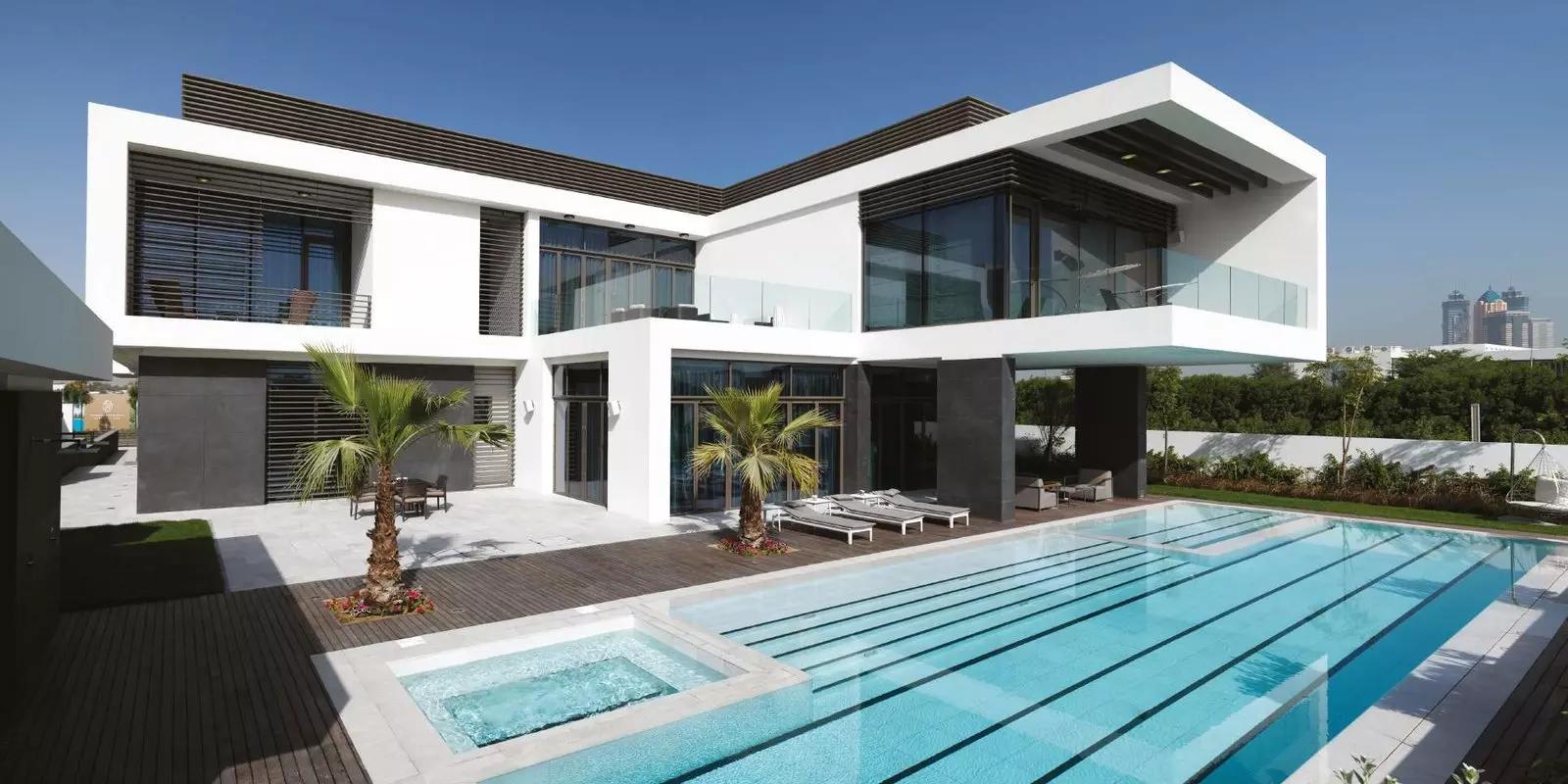 District One Villas exterior with private pool and landscaped garden, MBR City, Dubai