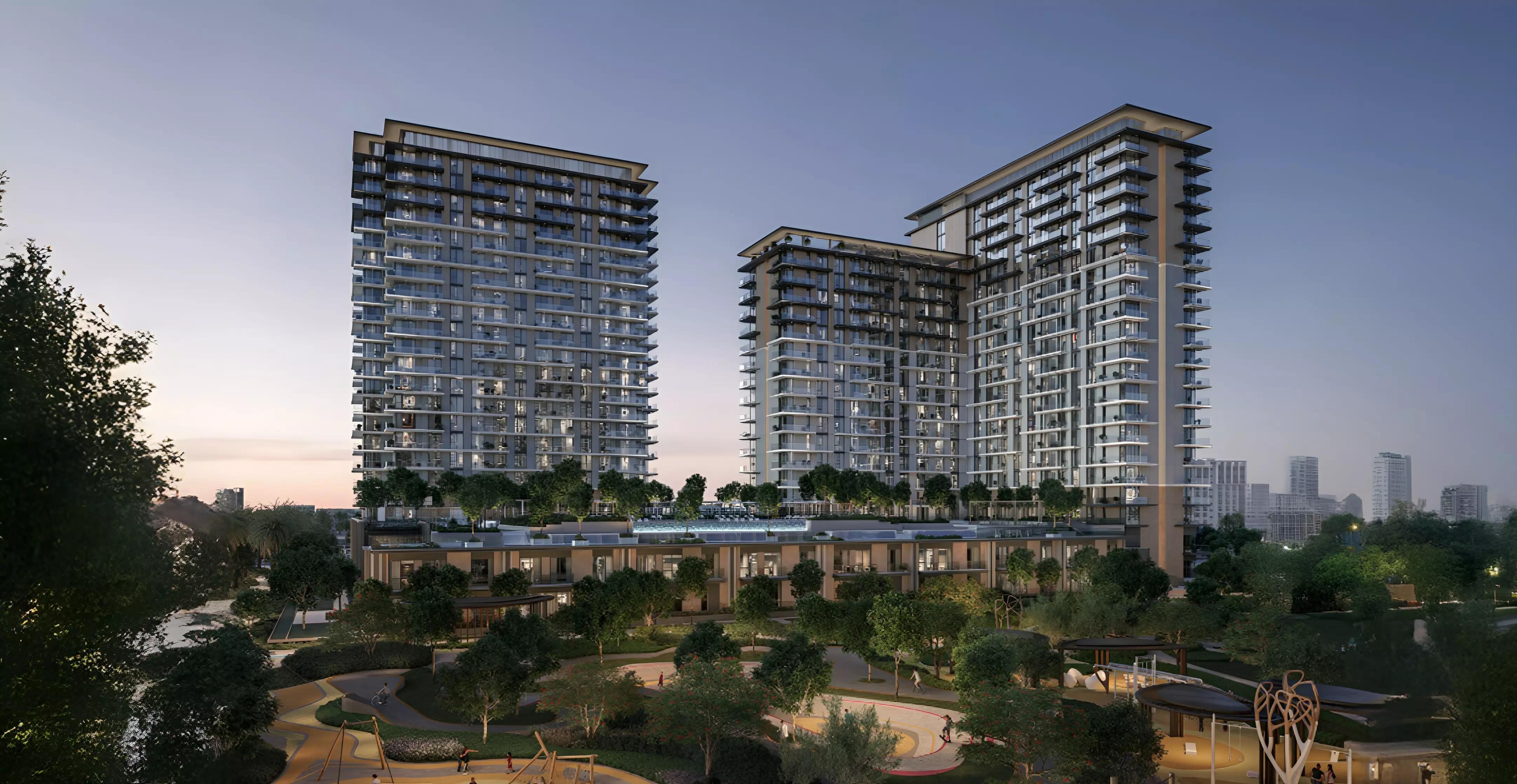 Vida Residences Hillside exterior facade with landscaped grounds, Dubai Hills Estate