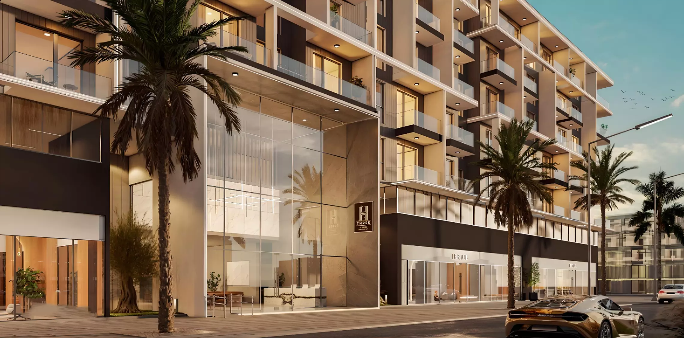H3 apartment building amenity deck with shared pool, JVC, Dubai