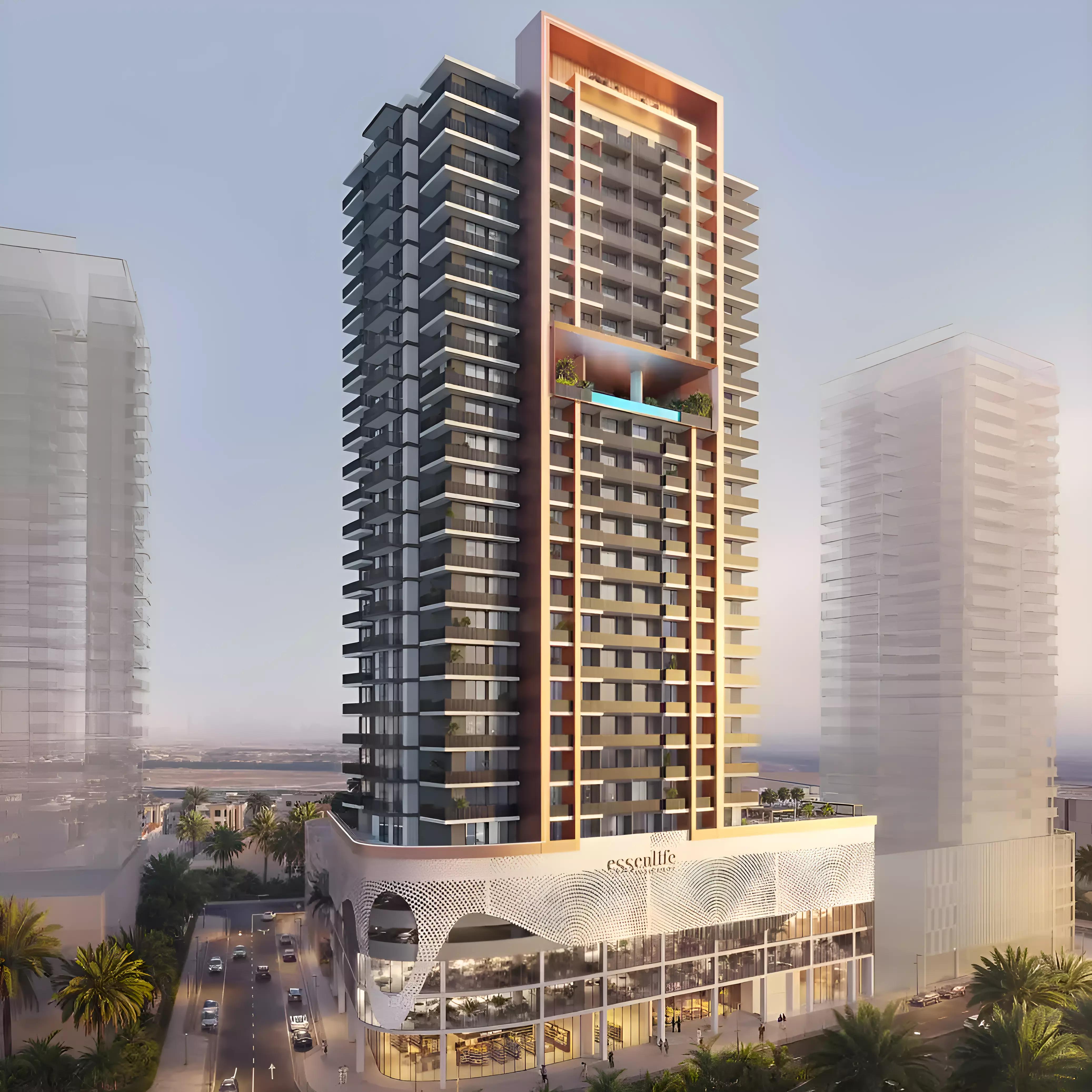 Essenlife exterior building facade in Jumeirah Village Triangle, Dubai