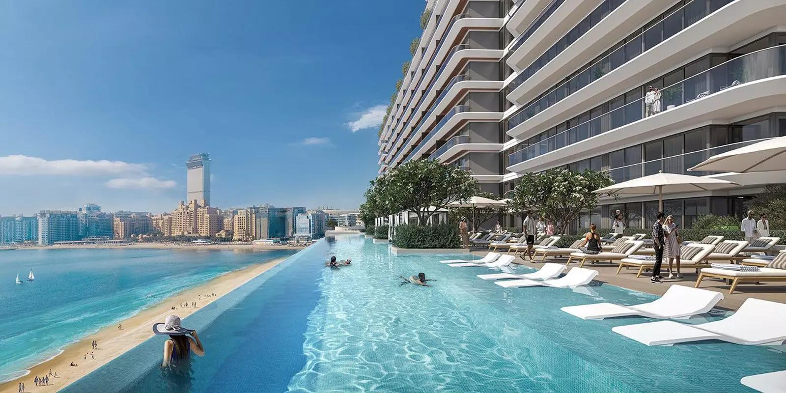 Address The Bay building amenity deck and pool area, Dubai Harbour