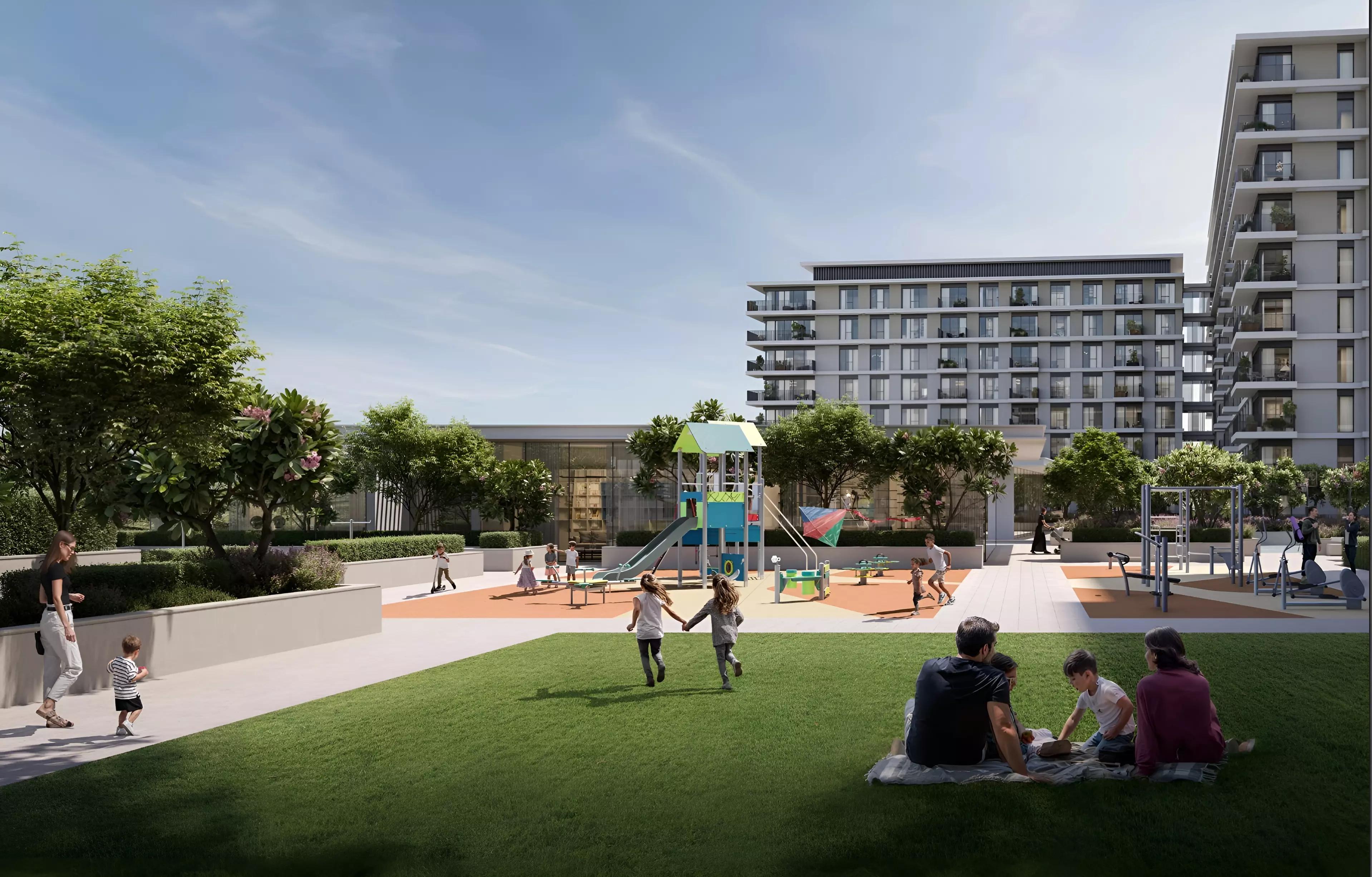 Golf Hills apartment building overlooking landscaped fairways, Emaar South