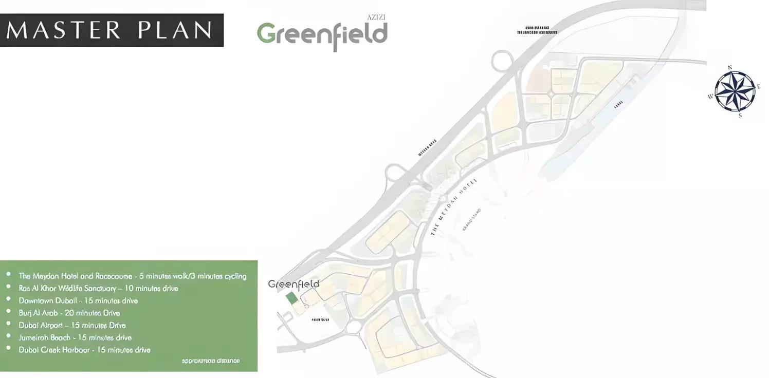 Azizi Greenfield master plan layout showing building placement within Meydan, Dubai