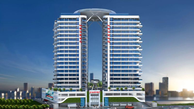 Opalz by Danube twin residential towers in Dubai Science Park, daytime exterior render