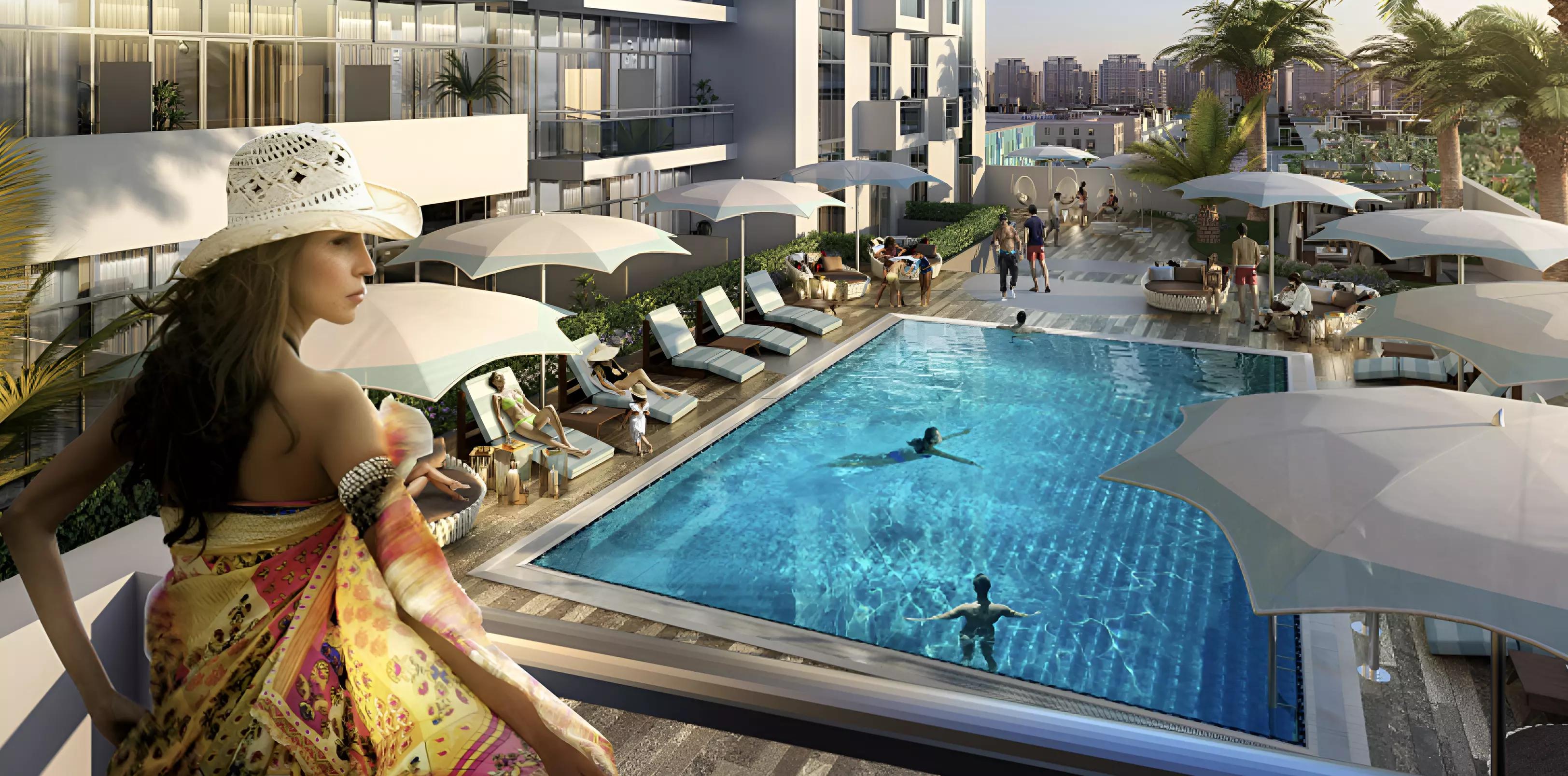 Azizi Aura Phase 2 infinity pool deck, Jebel Ali Village, Dubai
