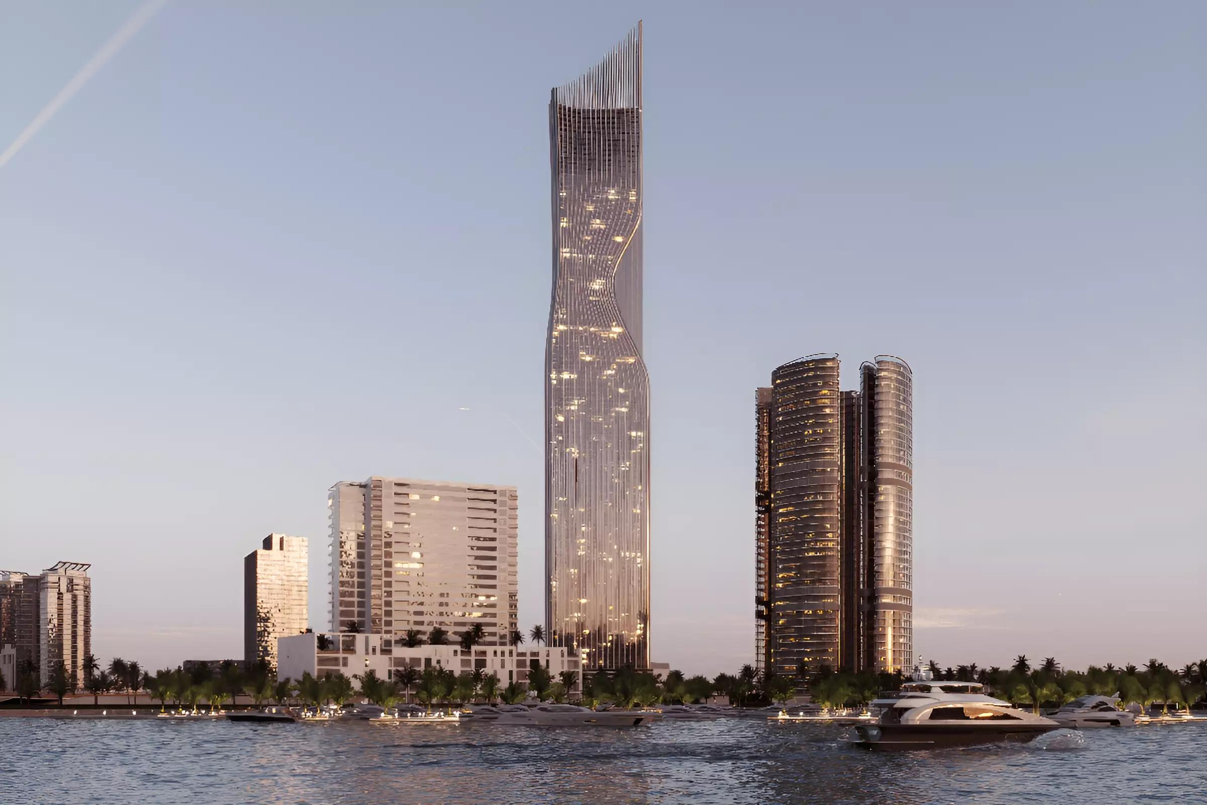Tiger Sky Tower amenity deck with infinity pool overlooking Business Bay skyline