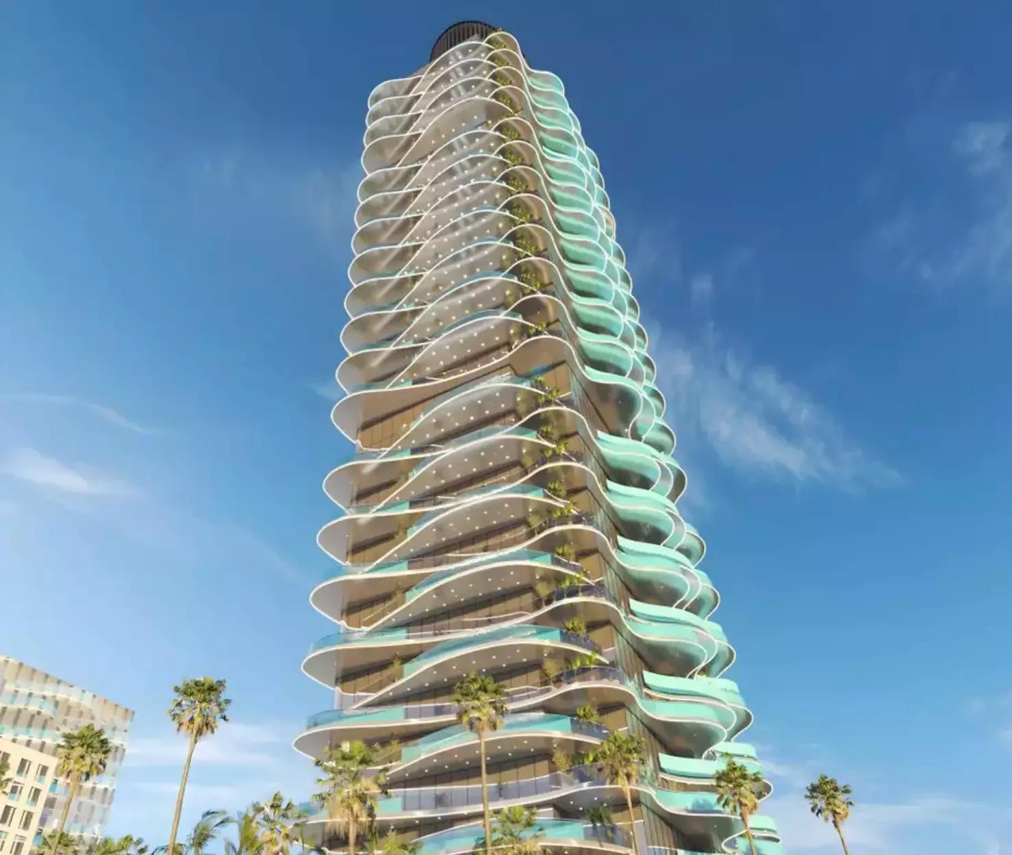 Volga Tower building elevation with landscaping, JVT, Dubai