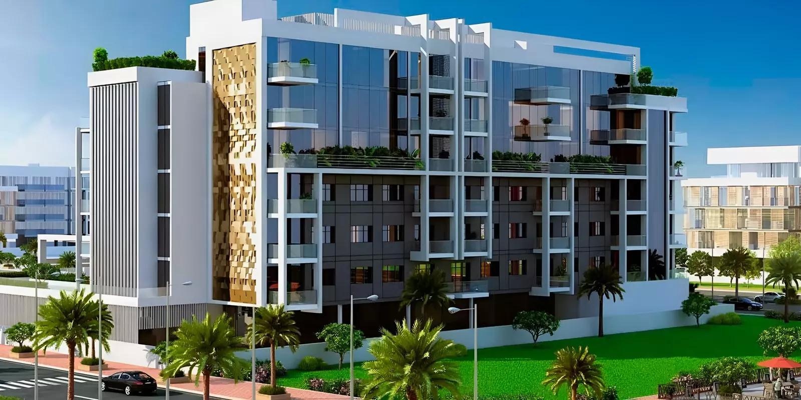 Azizi Greenfield residential facade and entrance, Meydan, Dubai