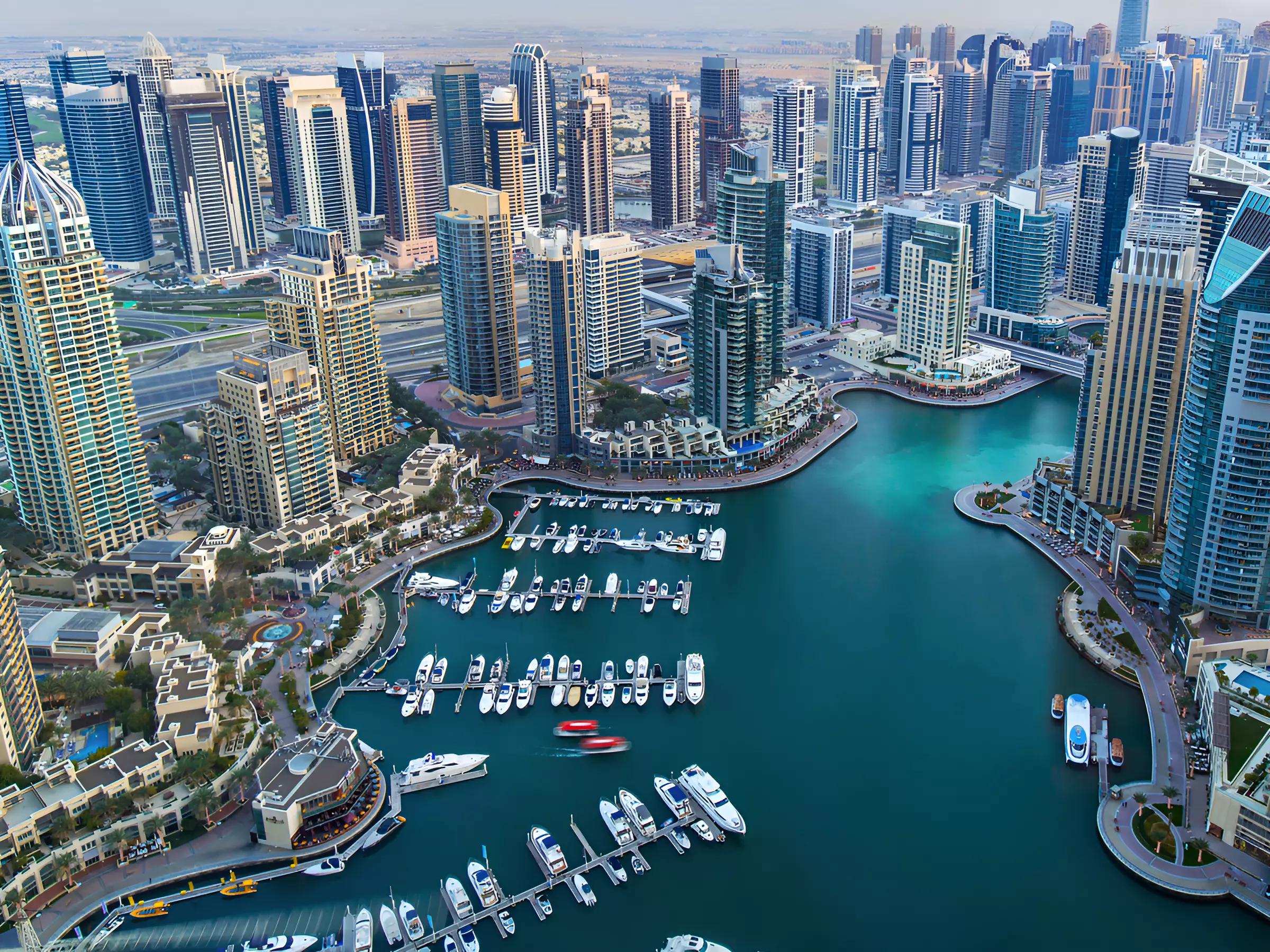 Pelagos building facade and entrance, Dubai Marina