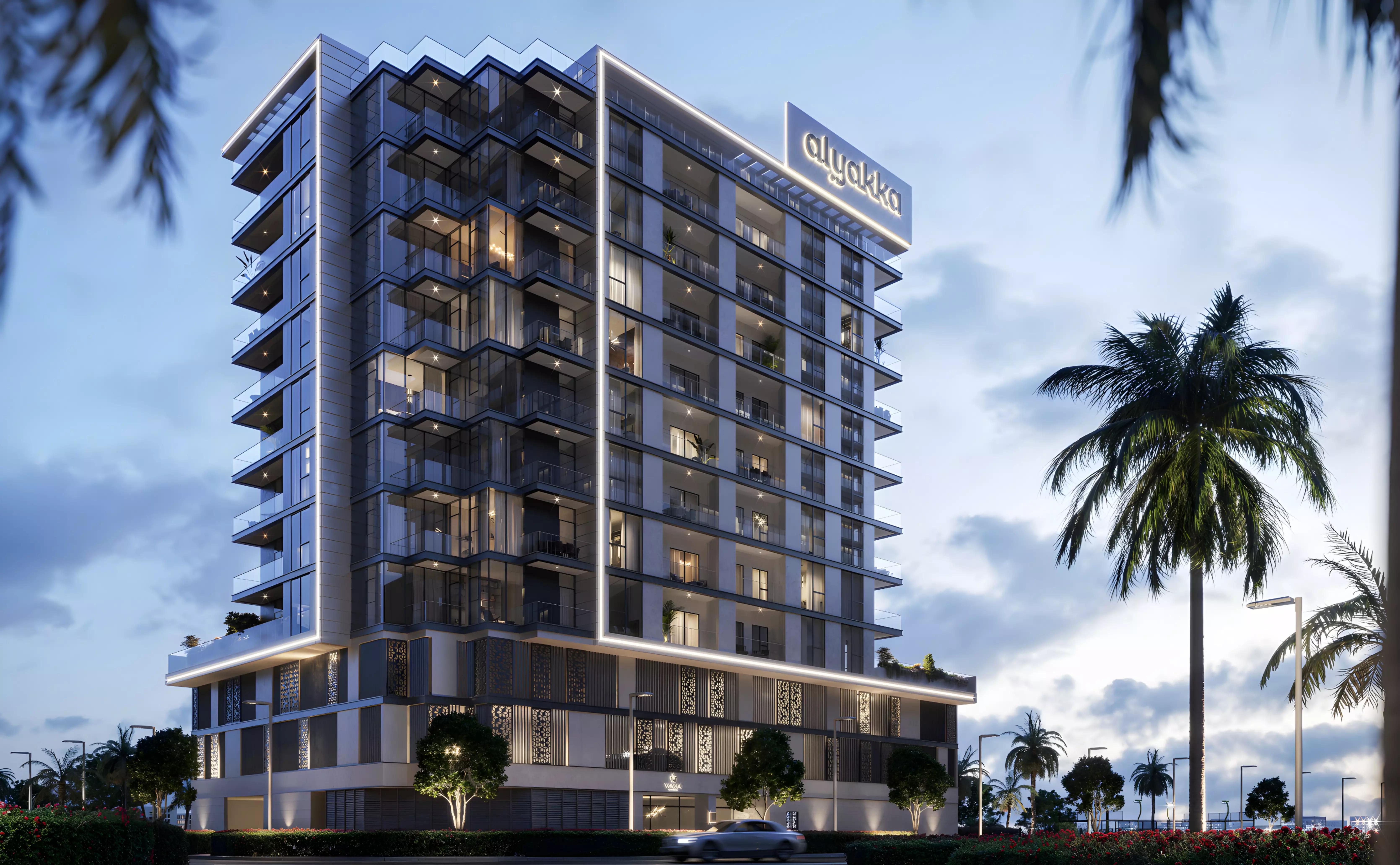Exterior view of the completed Waha Living apartment building in Jumeirah Garden City, Al Satwa, Dubai