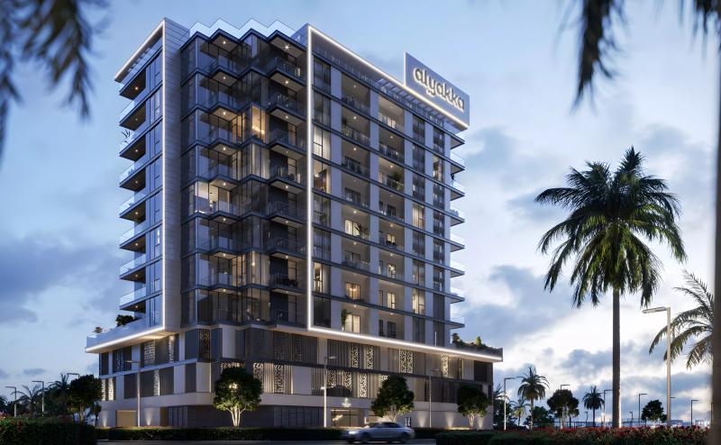 Exterior view of the completed Waha Living apartment building in Jumeirah Garden City, Al Satwa, Dubai