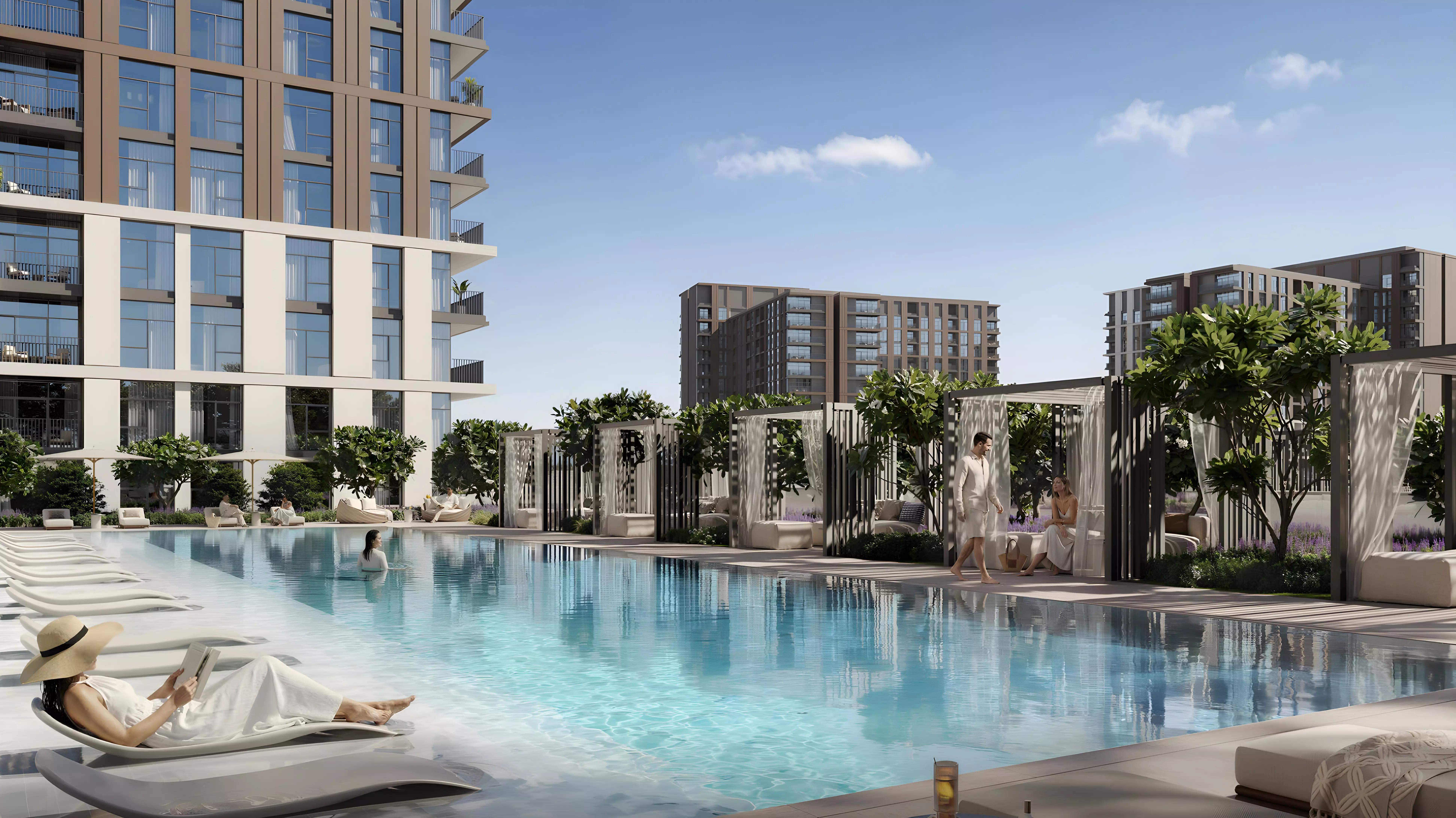 Terra Woods resort-style swimming pool with private cabanas and surrounding apartment towers