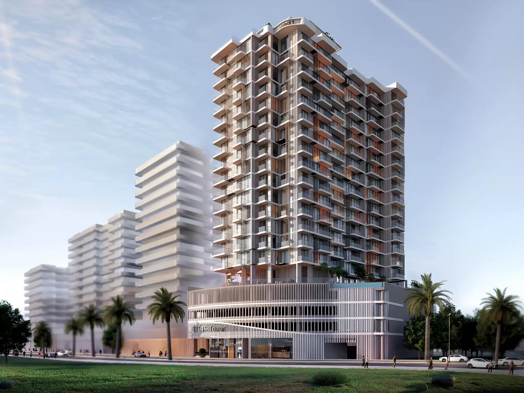 Tetris Tower exterior facade in Jumeirah Village Circle, Dubai