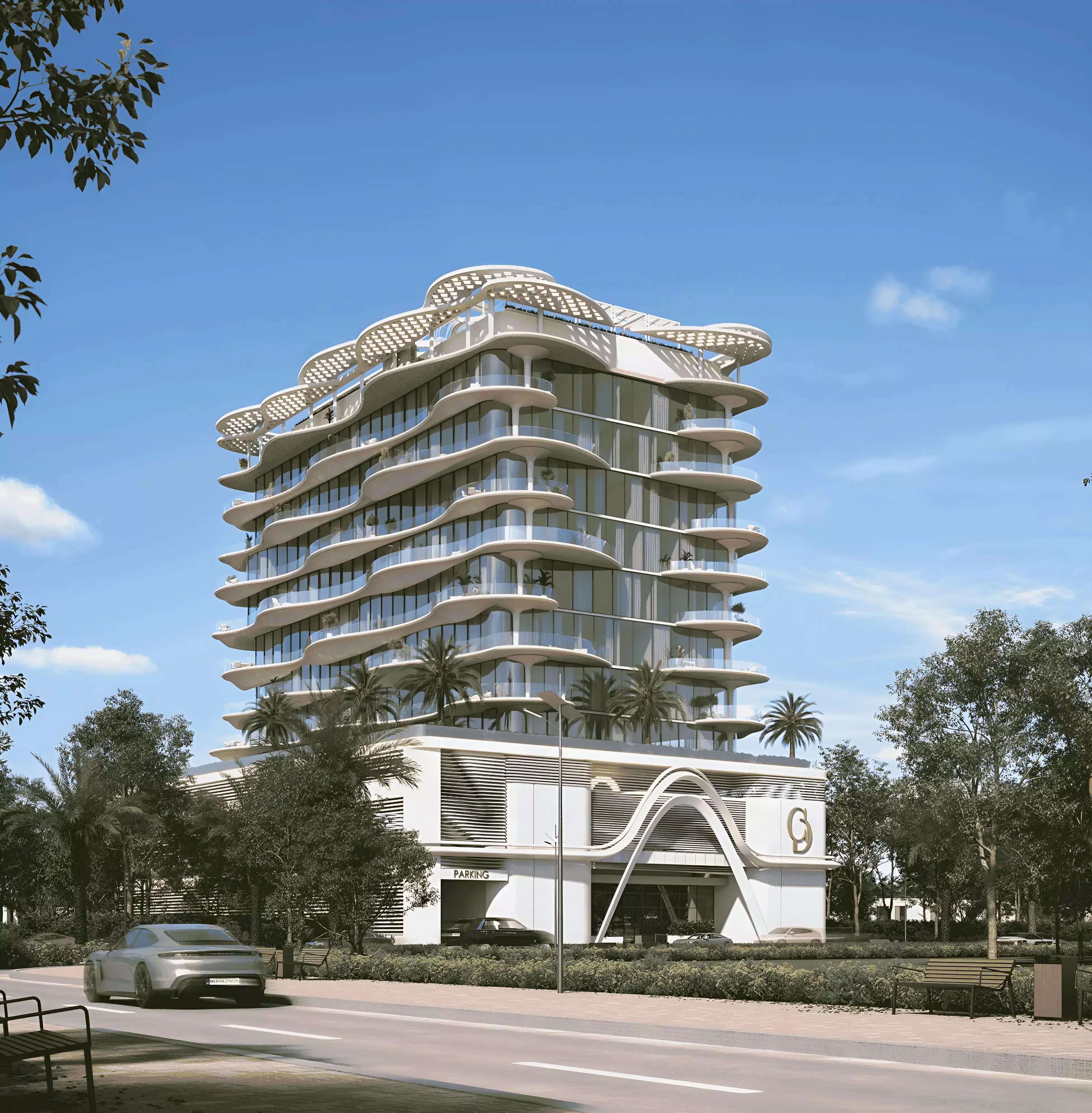 AGUA Residences building facade and podium, Dubai Islands