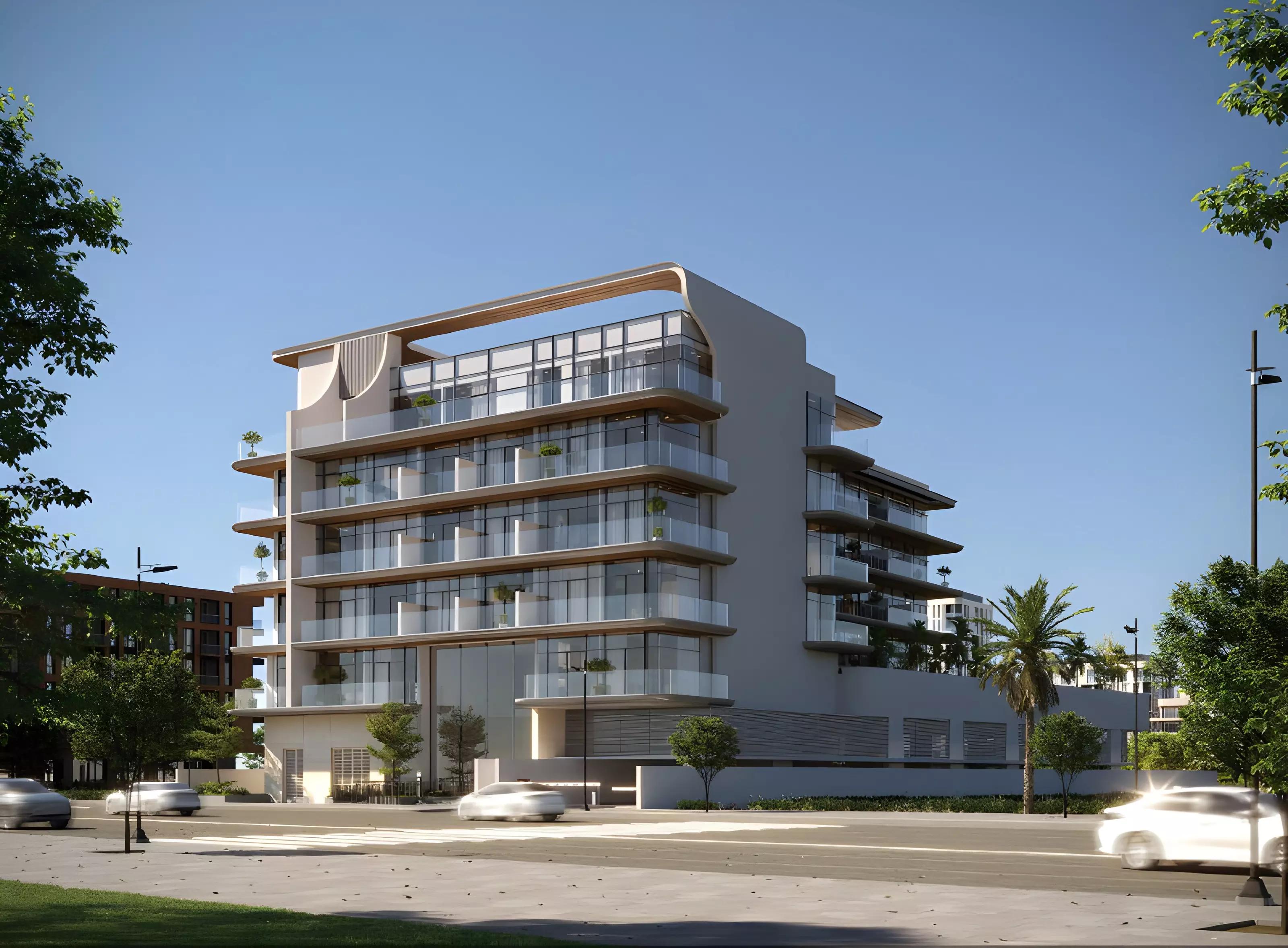 Facade and entrance of Chapter 02 residential tower, Al Warsan, Dubai