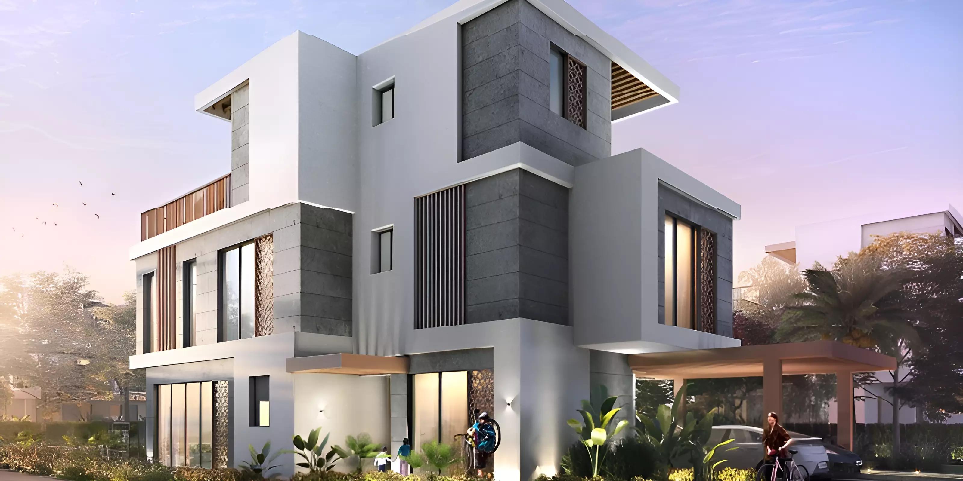 Duo villa street view with landscaping, DAMAC Hills, Dubai