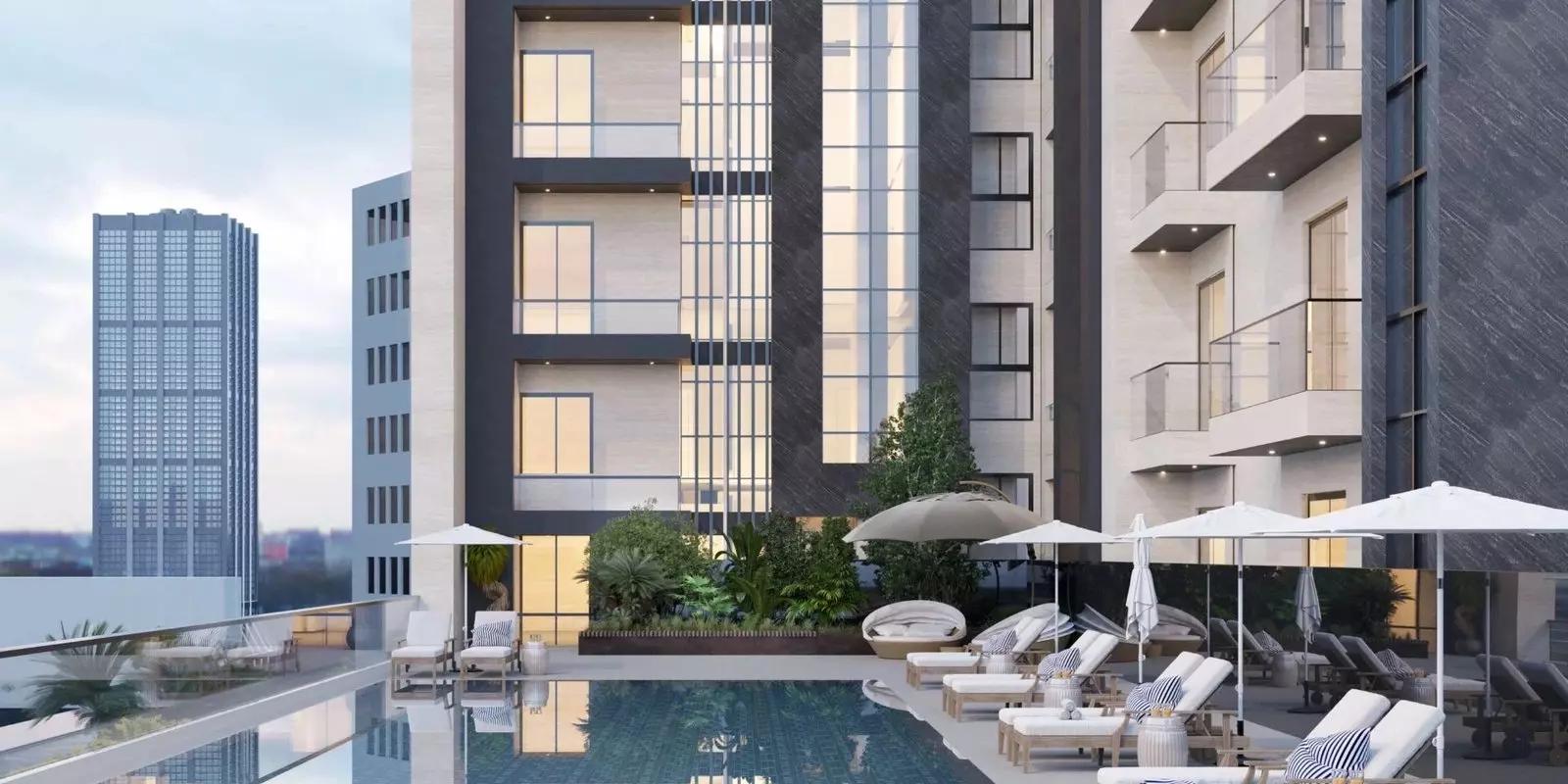 Swimming pool deck at Maya 5 apartment building, Jumeirah Village Triangle