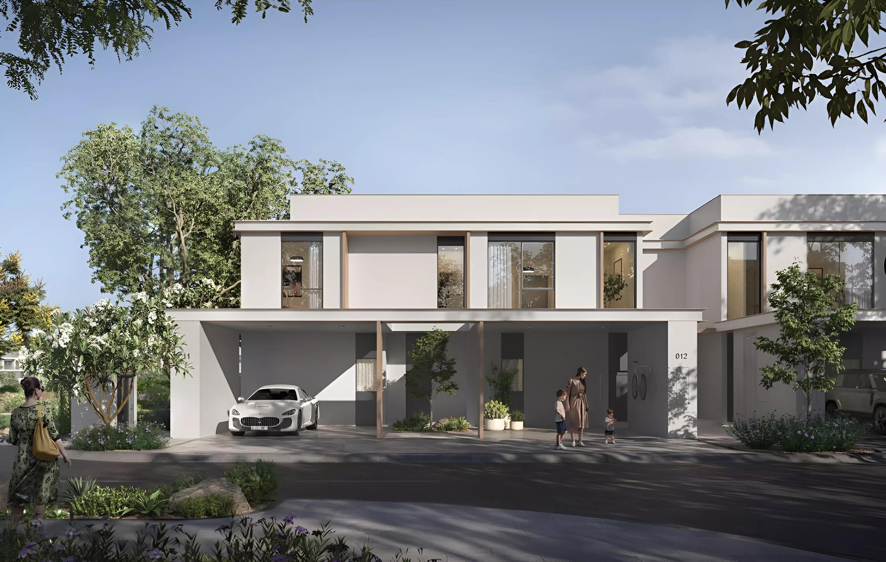 Venera townhouse facade and driveway, The Valley, Dubai
