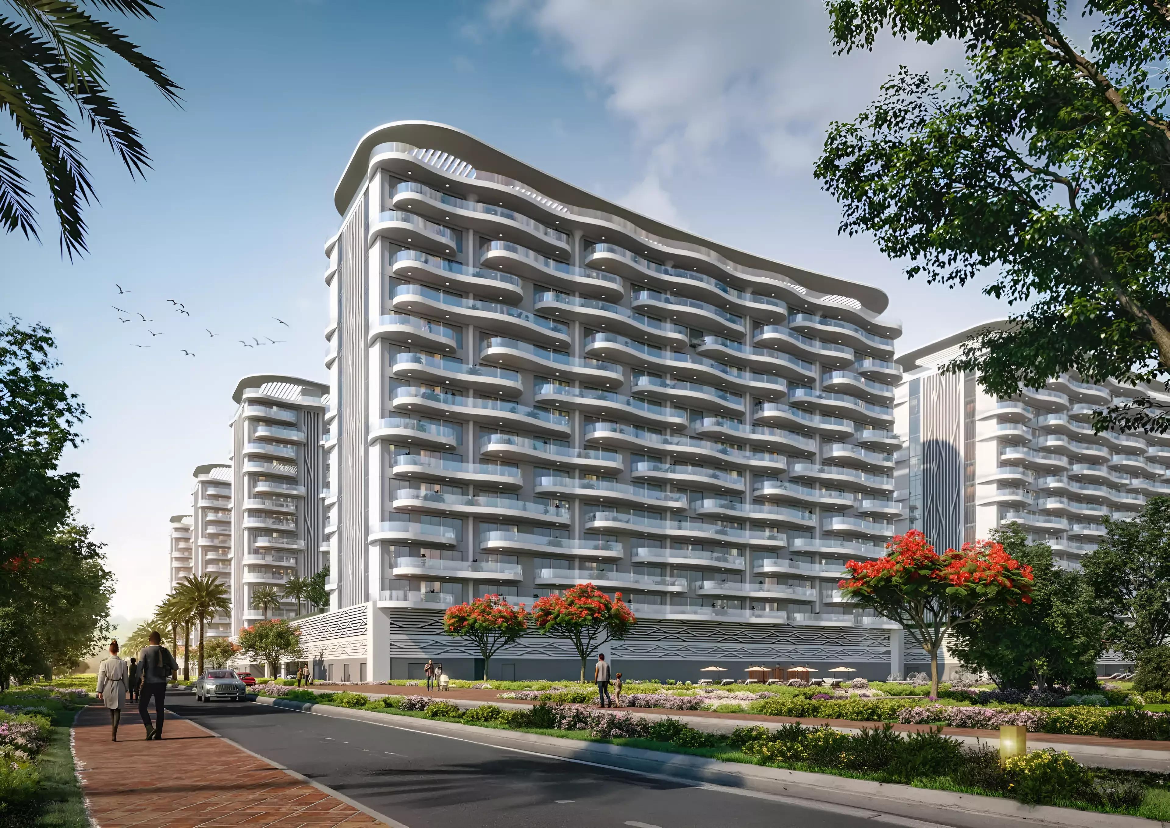 Landscaped courtyard and pool area at Lagoon Views 13, DAMAC Lagoons