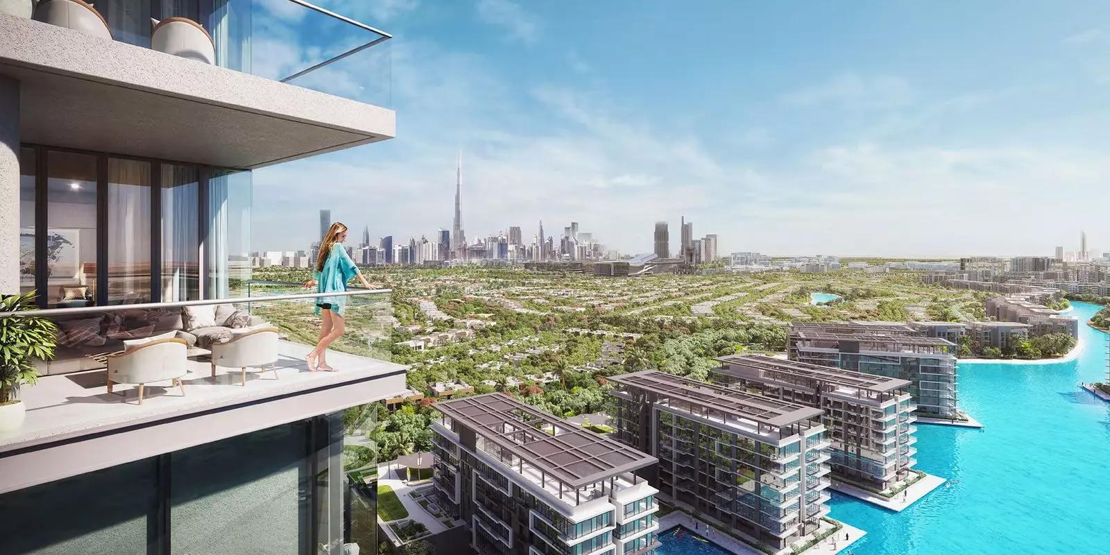 Lagoon Views residential facade and landscaped grounds, District One, Dubai