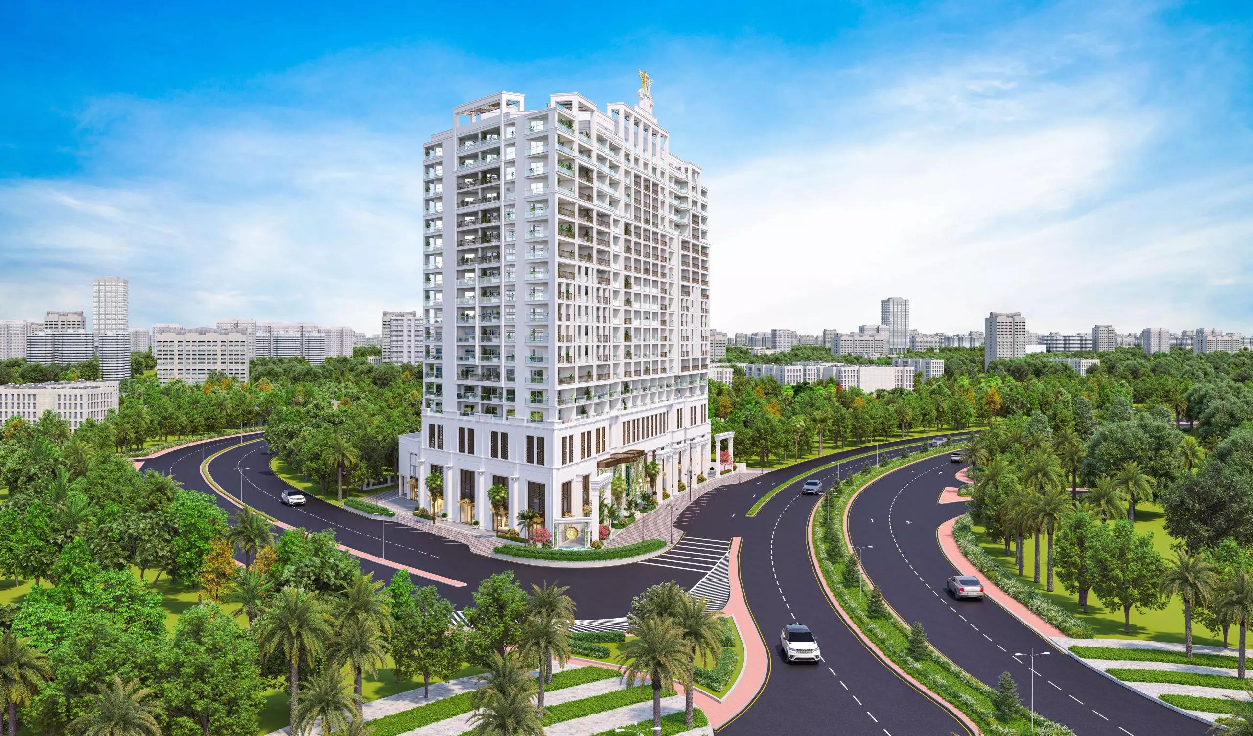 Exterior facade of Vincitore Aqua Flora apartment building in Dubai Science Park
