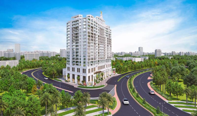 Exterior facade of Vincitore Aqua Flora apartment building in Dubai Science Park