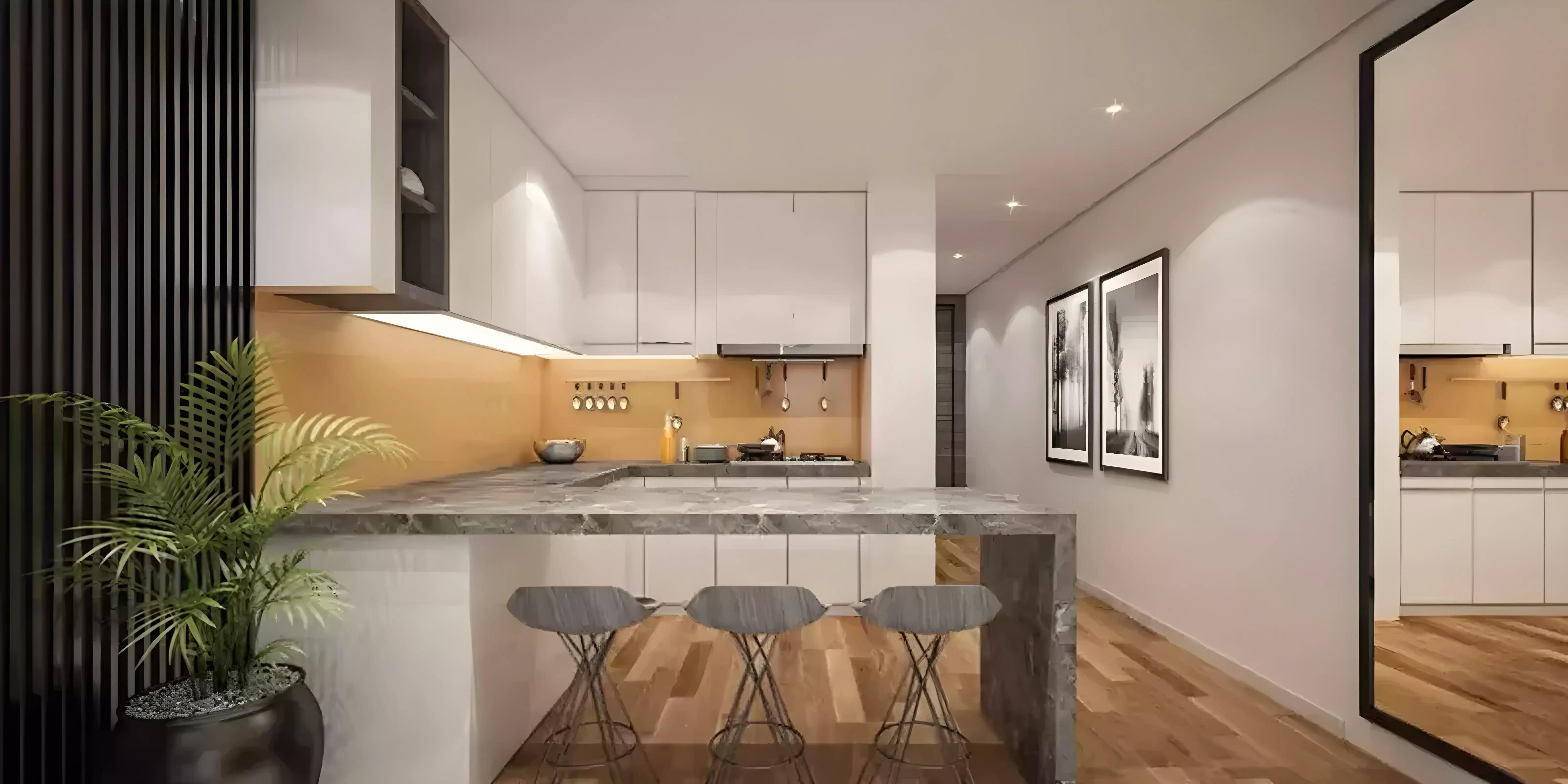 Bedroom interior with built-in wardrobes in V Tower, Dubai Land Residence Complex