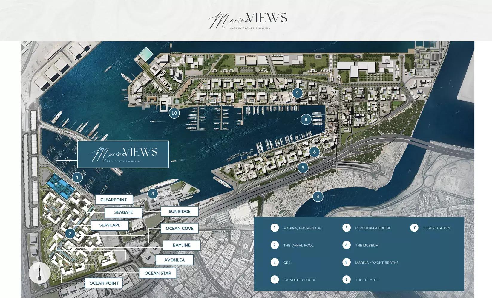 Marina Views master plan layout showing marina and building placement, Mina Rashid, Dubai