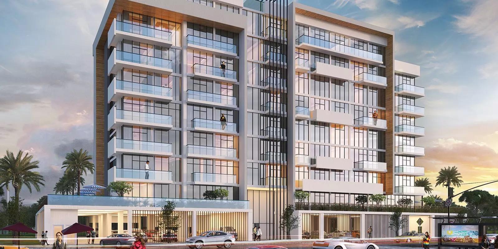 Azizi Riviera 30 apartment building entrance and landscaping, Meydan, Dubai