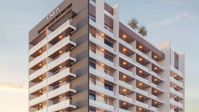 Exterior facade of Platinum by Vision apartment building in Liwan, Dubai