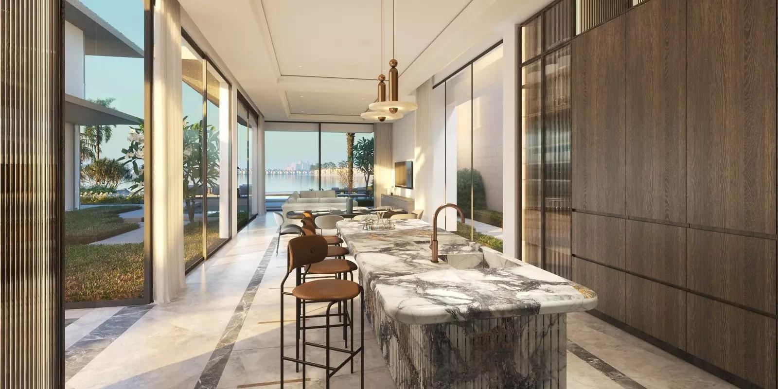 Six Senses Residences amenity deck overlooking the water, Palm Jumeirah, Dubai