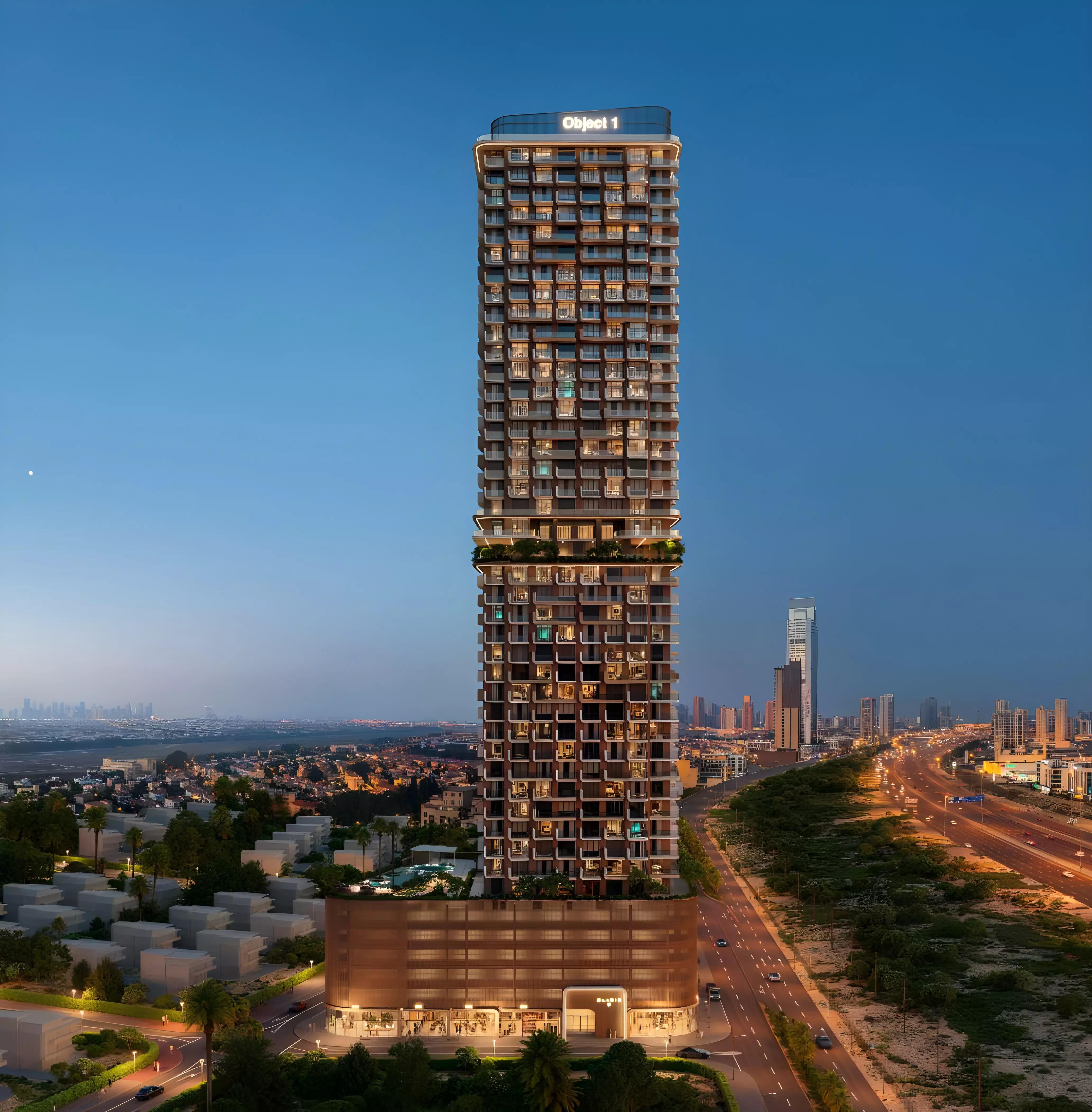 Amenity deck with landscaped gardens at ELAR1S Sky, Jumeirah Village Triangle