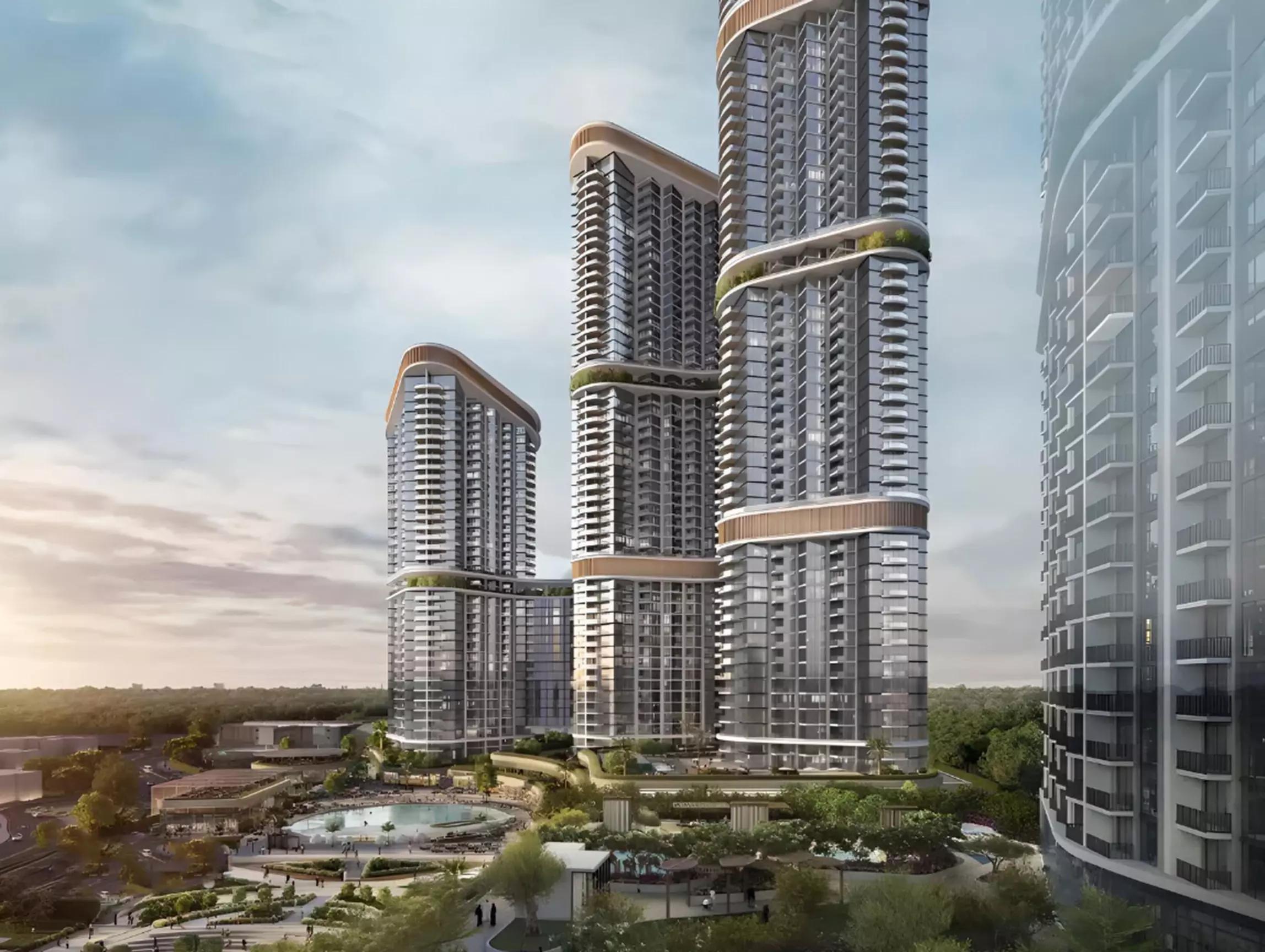 Skyscape Avenue building facade at Sobha Hartland II, Bukadra, Dubai