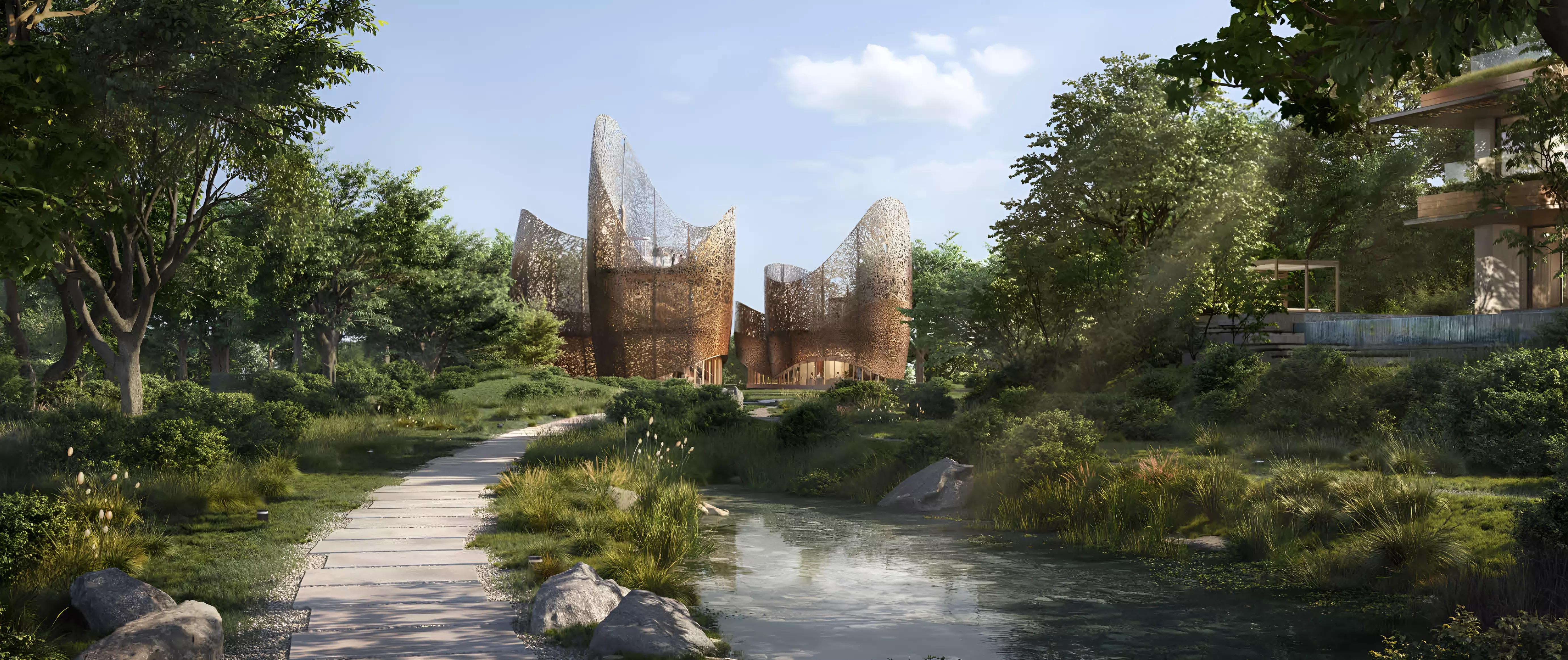 Moringa Mansions villa cluster aerial view, The Wilds by Aldar, Dubai
