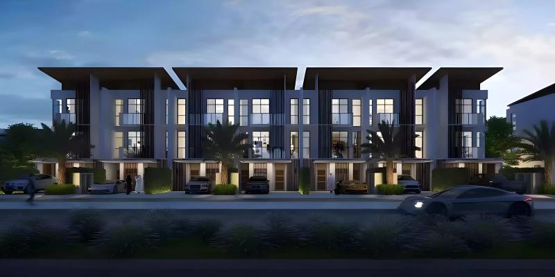Motor City Hills townhouse exterior with landscaped street frontage, Motor City, Dubai