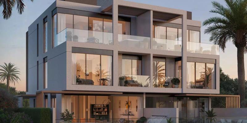 Terra Golf Collection townhouse exterior with landscaped frontage, Jumeirah Golf Estates, Dubai