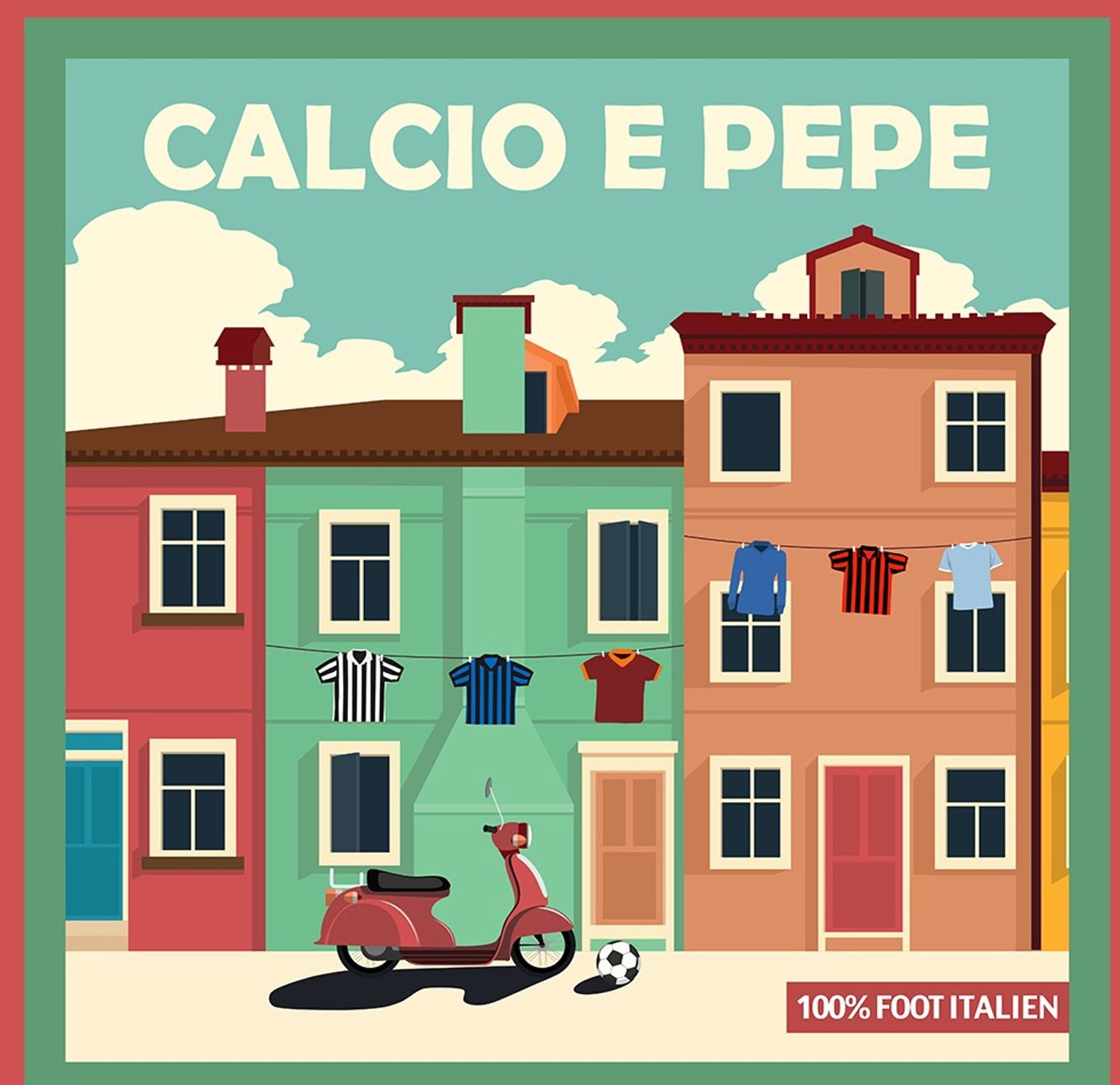 Illustration d'une rue italienne avec des maillots et un ballon de football