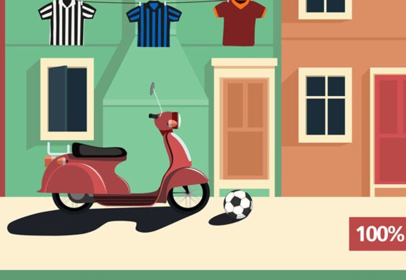 Vespa rouge devant une façade verte, avec un ballon de football