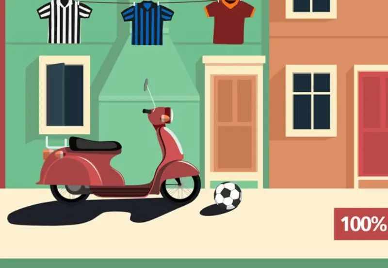 Vespa rouge devant une façade verte, avec un ballon de football