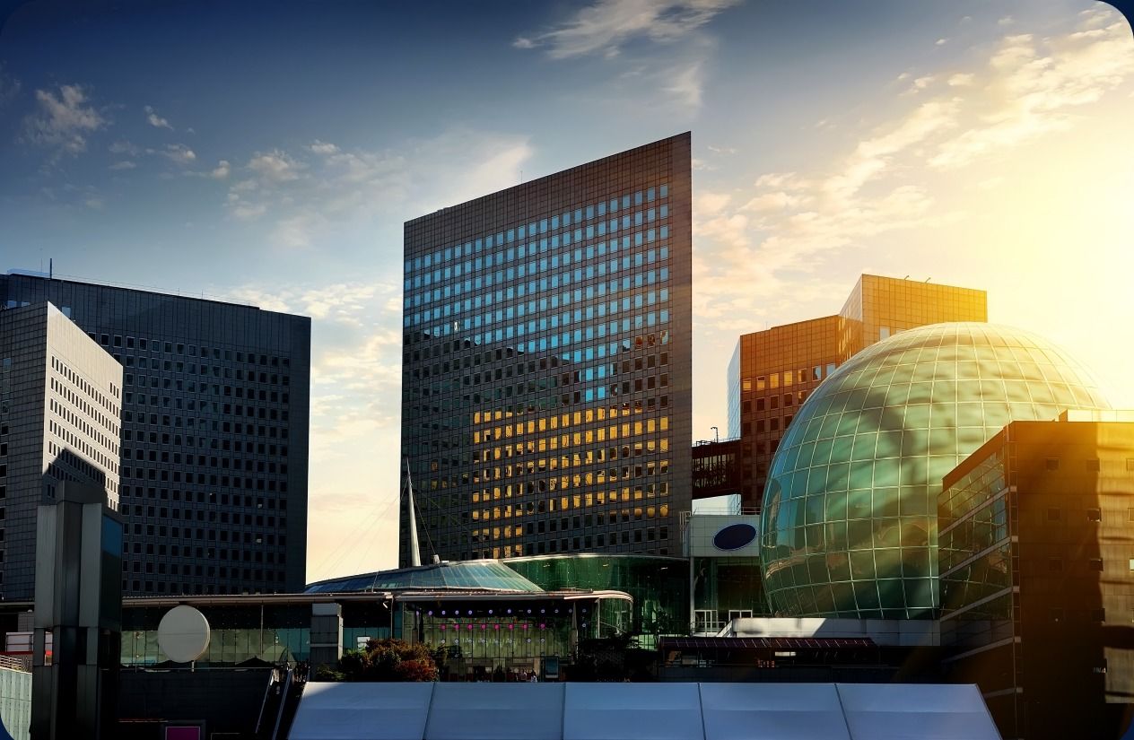 Office towers of development finance institutions at sunset