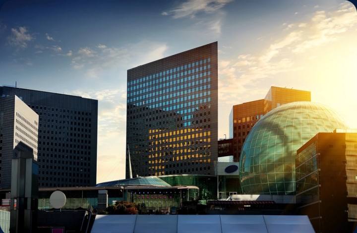Office towers of development finance institutions at sunset