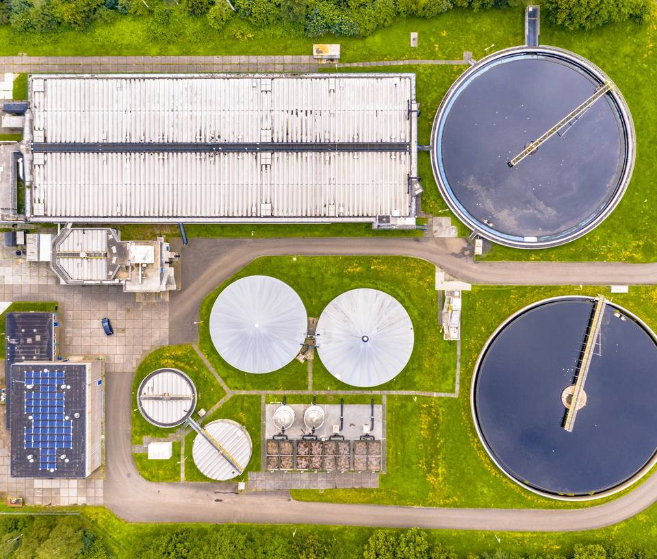 Aerial view of a water treatment plant.