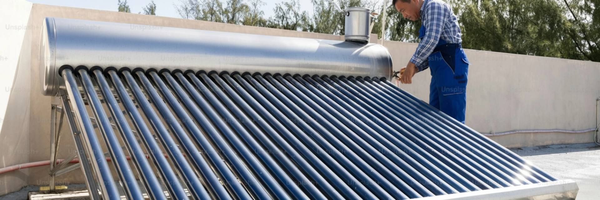 A technician adjusting a rooftop solar water heater