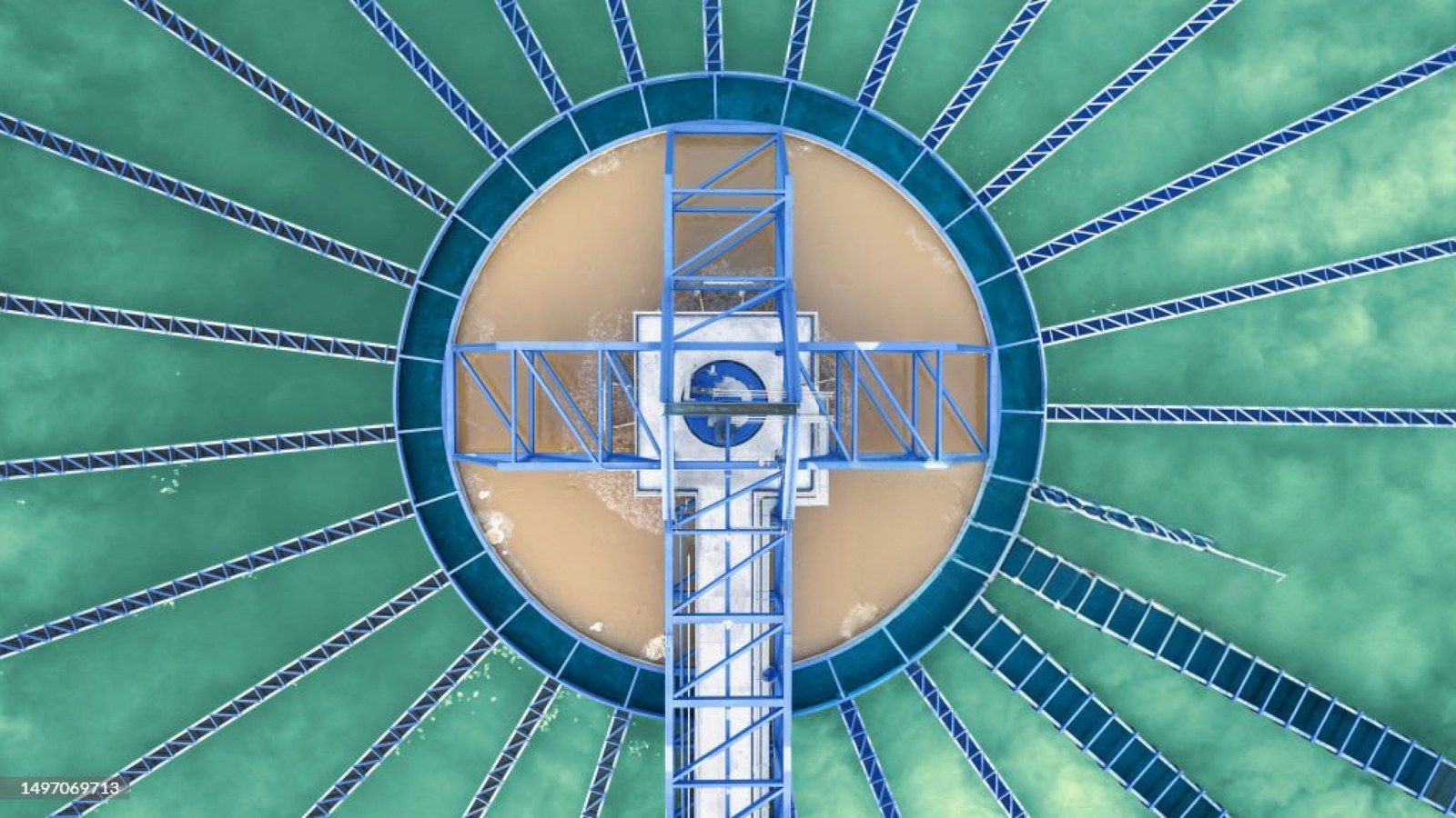 Aerial view of a circular water treatment clarifier