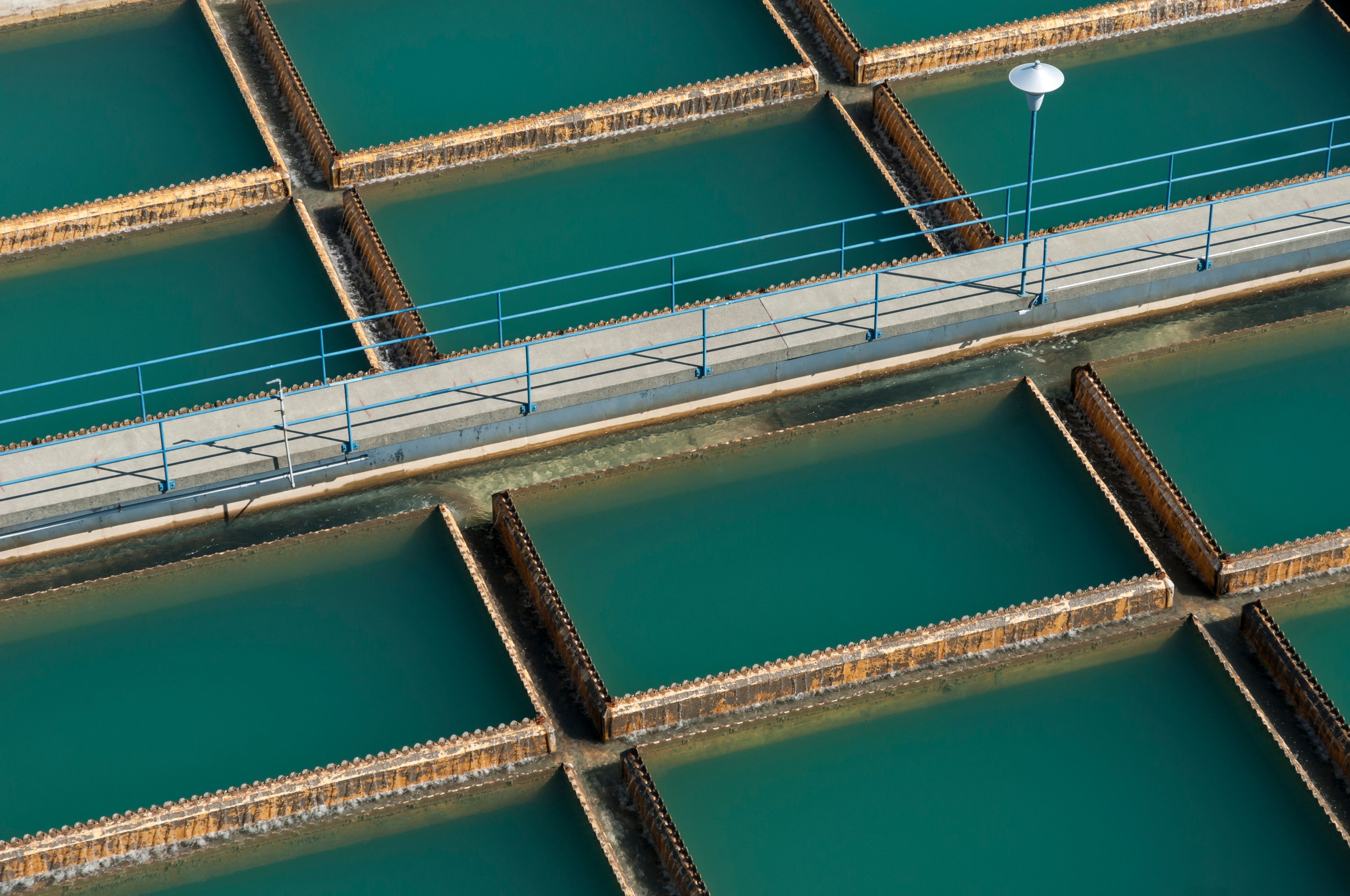 Channels of a water treatment plant seen from above