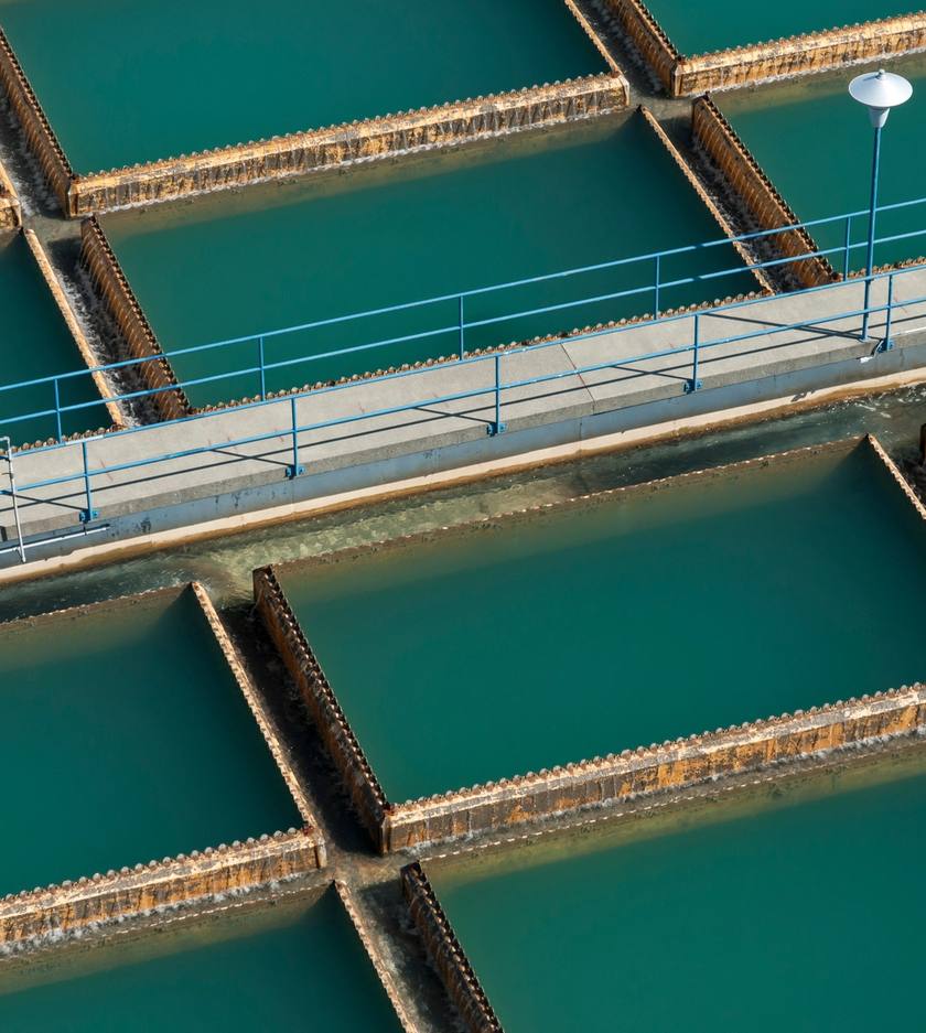 Channels of a water treatment plant seen from above