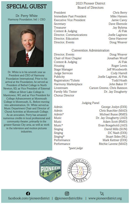 convention program page 4 special guest bio and lists of district board members, convention administrators, and judging panel