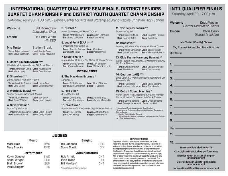 Quartet Contest Order and Judge List
