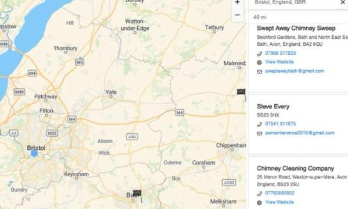 Map of Qualified Chimney Sweeps showing Swept Away as the only qualified chimney sweep in Bath and closest qualified chimney sweep to Bristol South Gloucestershire 